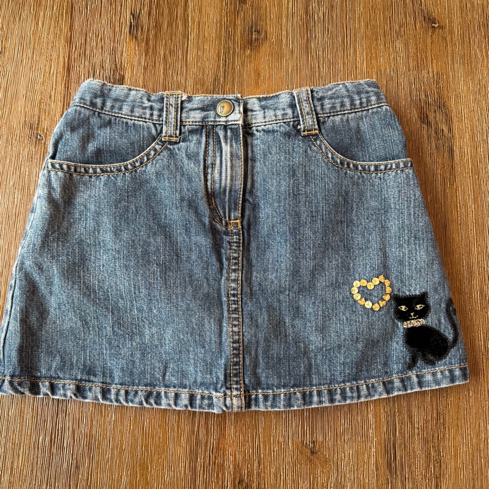 3/24$ Gymboree Kids Embroidered Cat Blue Denim Skirt With Built In Shorts size 4